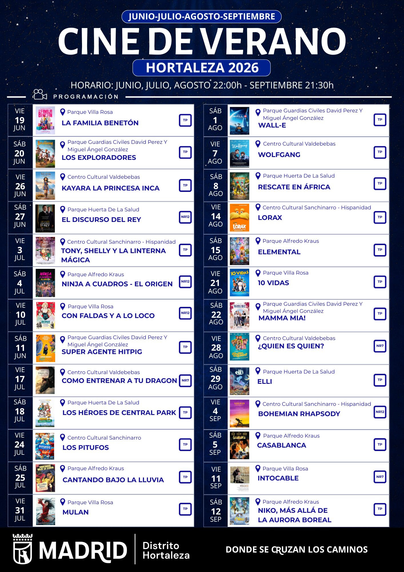 Cartel del Cine de Verano 2026 en Hortaleza con el calendario de películas de junio a septiembre